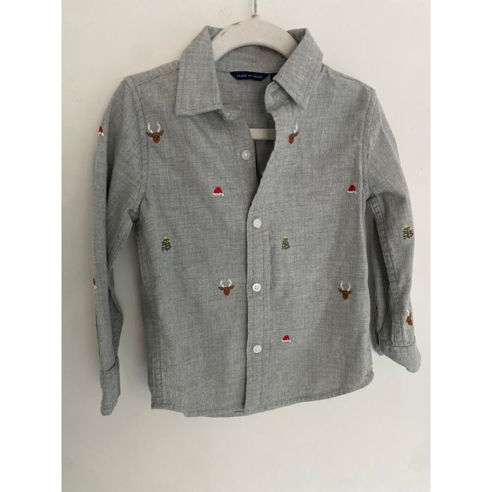 Janie and Jack Gray Long Sleeve Shirt with Embroidered Accents